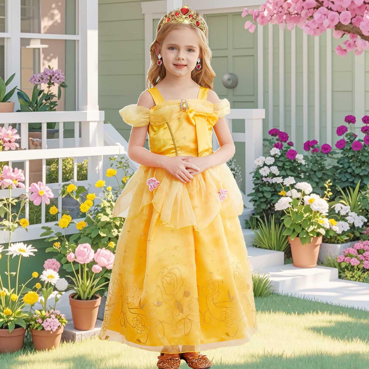 Luzlen Princess Costume for Girls Kids Belle Dress Halloween Cosplay Party Outfit Toddler Princess Dress Up, 5-6 Years(Label 130)