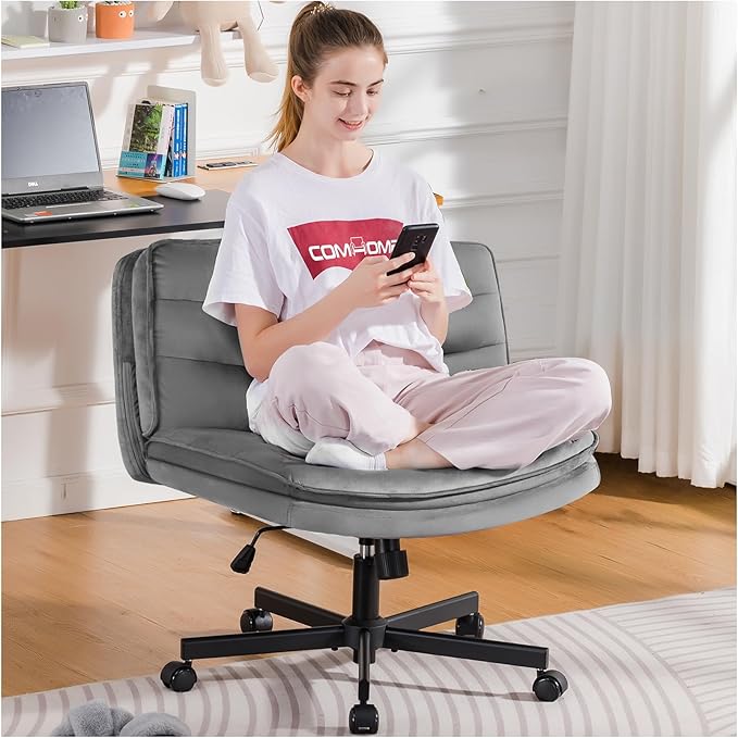 COMHOMA Cross Legged Office Chair with Wheels Armless-Office Desk Chair, Modern Vanity Computer Task Chairs for Home Bedro...