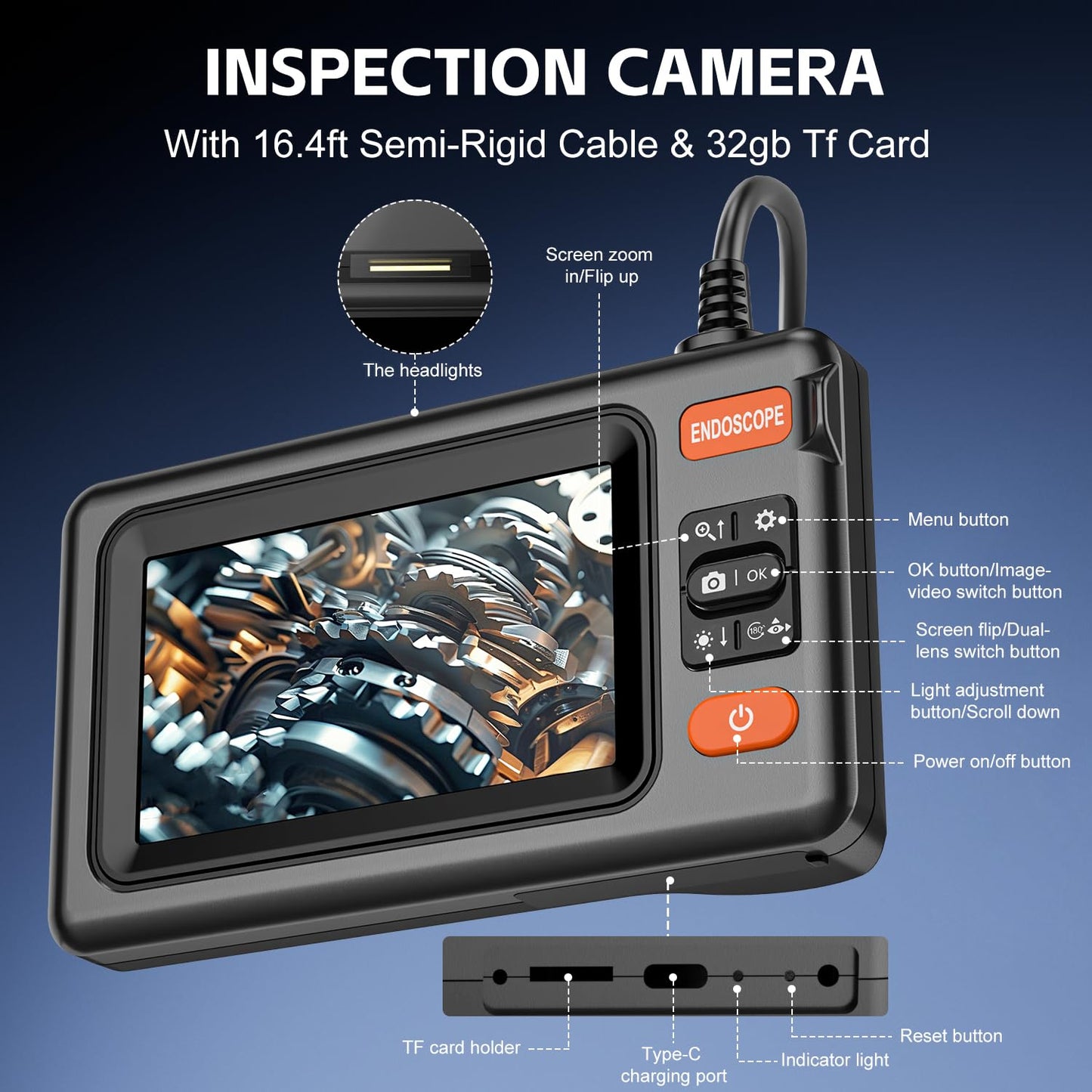 VXGDOE Dual Lens Endoscope Camera with Light, 1920P HD Borescope Camera with 4.3" LCD, 8 Adjustable LEDs, 16.4FT Semi-Rigid Cable & 32GB Card-IP67 Waterproof Inspection Borescope for Sewer/Drain/Pipe