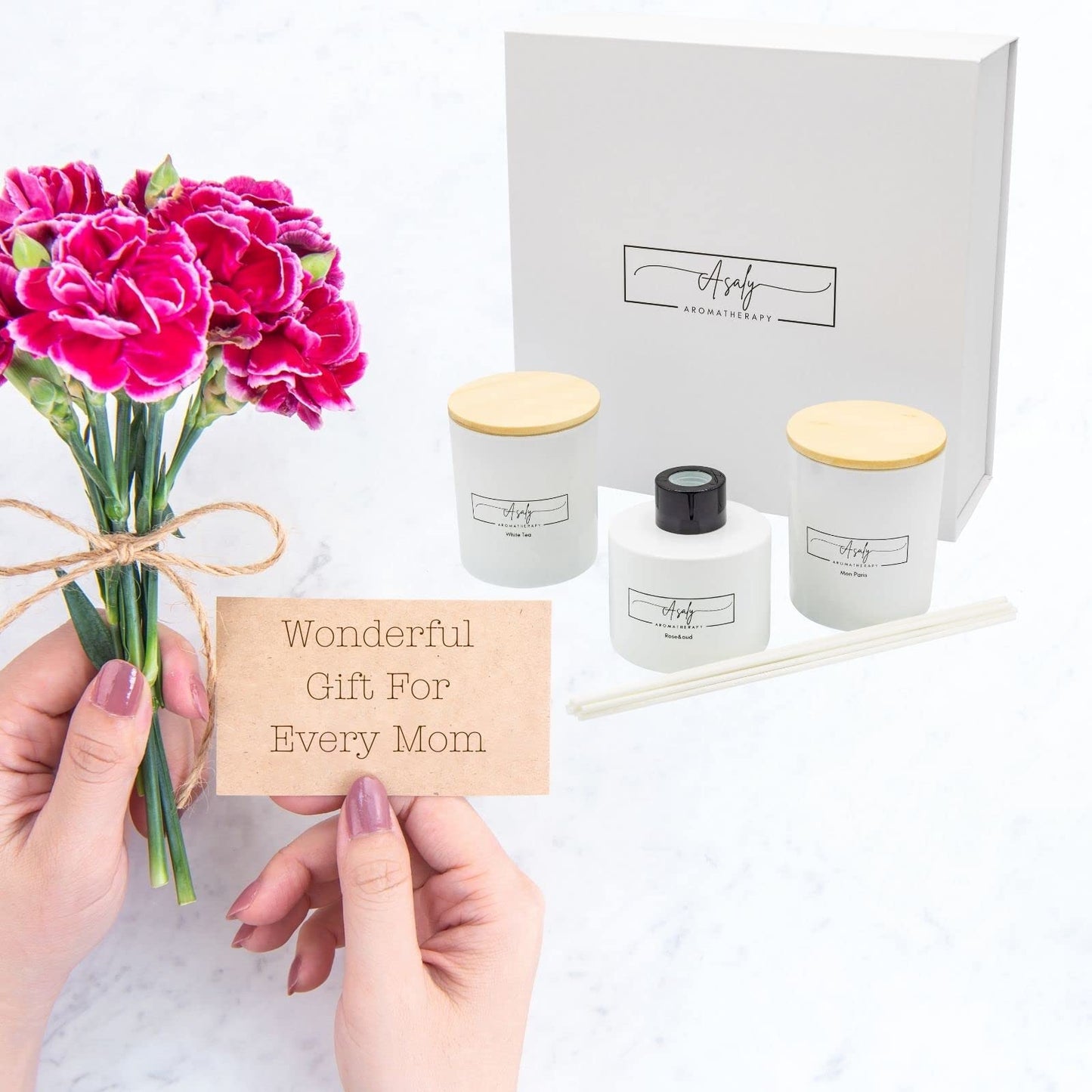ASALY Luxury Candle Gift Set, 2 Scented Candles and 1 Reed Diffuser. Birthday, Anniversary, Gift Set, Mothers Day Gift. Diffuser Scent of (Rose and Oud), Candle Scents (White Tea and Mon Paris)