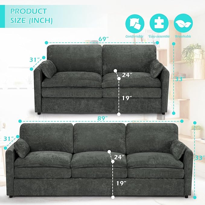 ACMEASE 2 Pieces Chenille Sofa Set w/Throw Pillows, Upholstered Loveseat & 3 Seater Sofa w/Comfortable Back Cushions, Modern 2-Seat & 3-Seat w/High-Density Foam for Living Room, Apartment, Grey