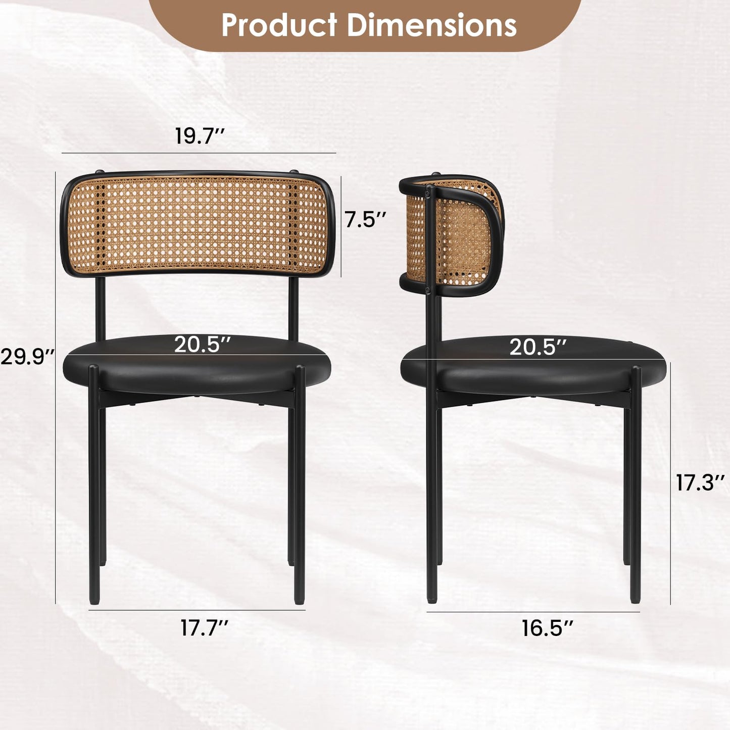 Farini Dining Chairs Set of 4, PU Leather Upholstered Seat with Woven Rattan Back, Sturdy Metal Legs Modern Side Chairs for Kitchen Living Room Restaurant, Black