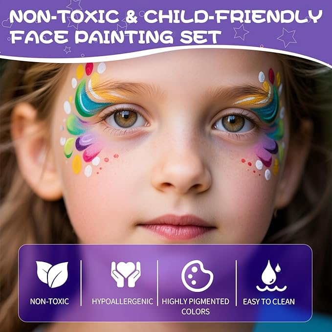 SAM SUGAR Face Painting for Kids 42 Colors Non-Toxic Vibrant Colors Professional kids face painting with 16 Crayons 56 Sticky Stencils 12 Paint Brushes for Halloween Parties
