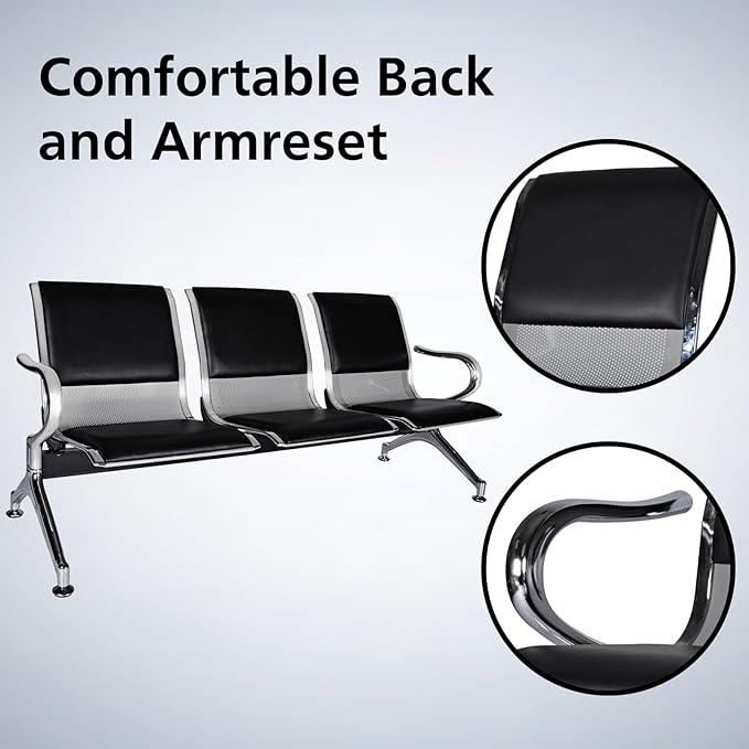 kinbor Waiting Room Chairs - Durable PU Leather Reception Bench with Armrests, 5-Seat Office Reception Guest Chairs for Office, Hospital, Airport, Bank & Lobby, Black