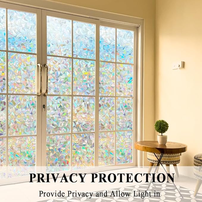 3D Prism Window Film Translucent Decorative Rainbow Sliding Glass Door Tint Covers Static Cling No Residue Heat Control Anti UV Removable Décor Coverage for Kitchen Bedroom Living Room,23.6x78.7in.