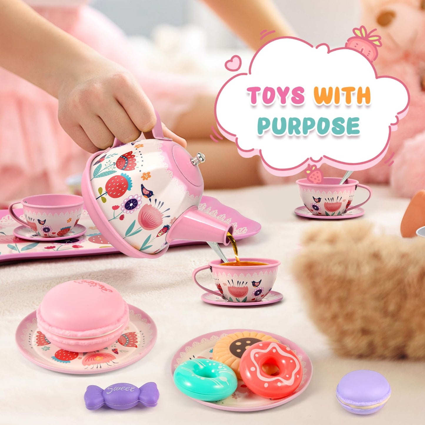 Tea Party Set for Little Girls, Flower Tea Set Toys for Girls Age 3 4 5 6 Year Old, Toddler Kids Kitchen Pretend Play Toys with Tin Tea Set, Cake Stand, for Girls