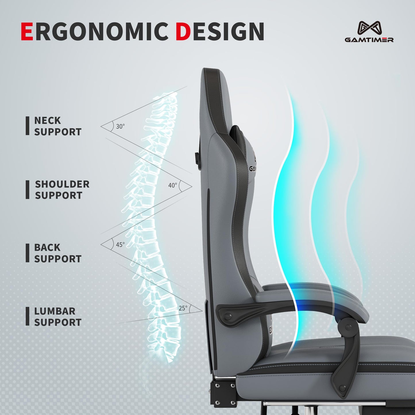 Gaming Chair with Footrest, Ergonomic Computer Chair, PU Breathable Material with Headrest and Lumbar Support, Suitable for Silla Gamer and Adults (Grey)