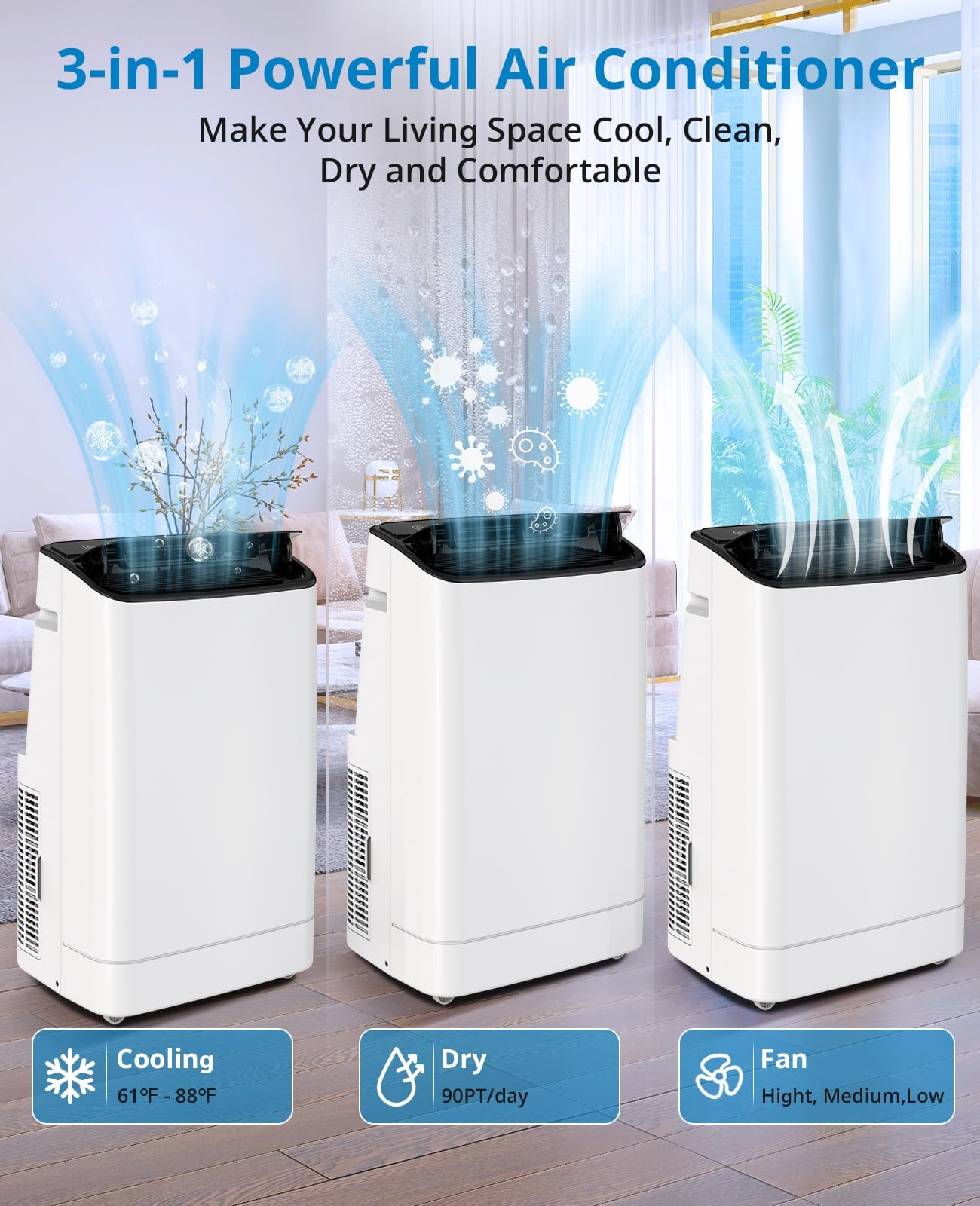 14000 BTU Portable Air Conditioner with Remote Control, 3-in-1 Free Standing Cooling AC Unit with Fan & Dehumidifier for 750 Sq Ft Rooms,Smart/Sleep Mode,3 Speed,Auto Swing,24H Timer