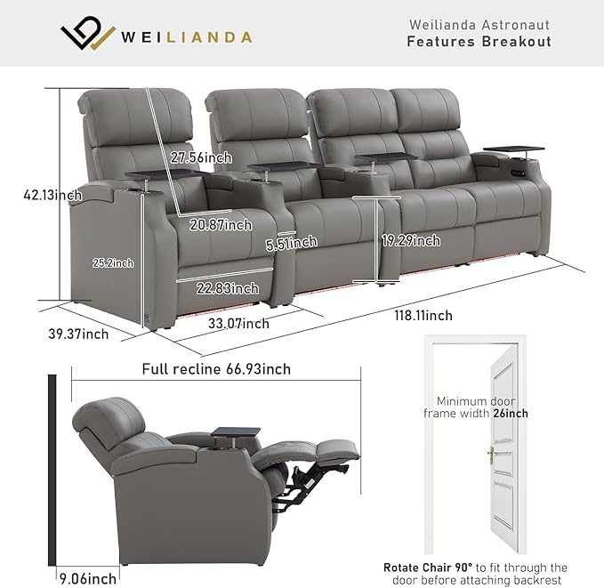 Weilianda Home Theater Seating, Top Grain Leather Sectional Seats Recliner Chair, Zero Gravity Reclining Sofa with Power Headrest 7 Colors Ambient Lighting USB C Charge Row of 4 Loveseat Right Grey