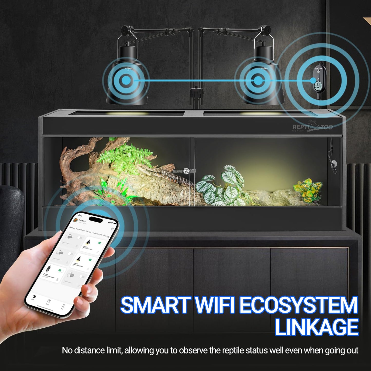 REPTI ZOO Smart WiFi Deep Dome Lamp Fixture & Thermostat Hygrostat Controller with Timing Combo, Reptile Light Fixture Reflector Cap, Day-Night Temperature & Humidity Monitor Control for Reptile Tank
