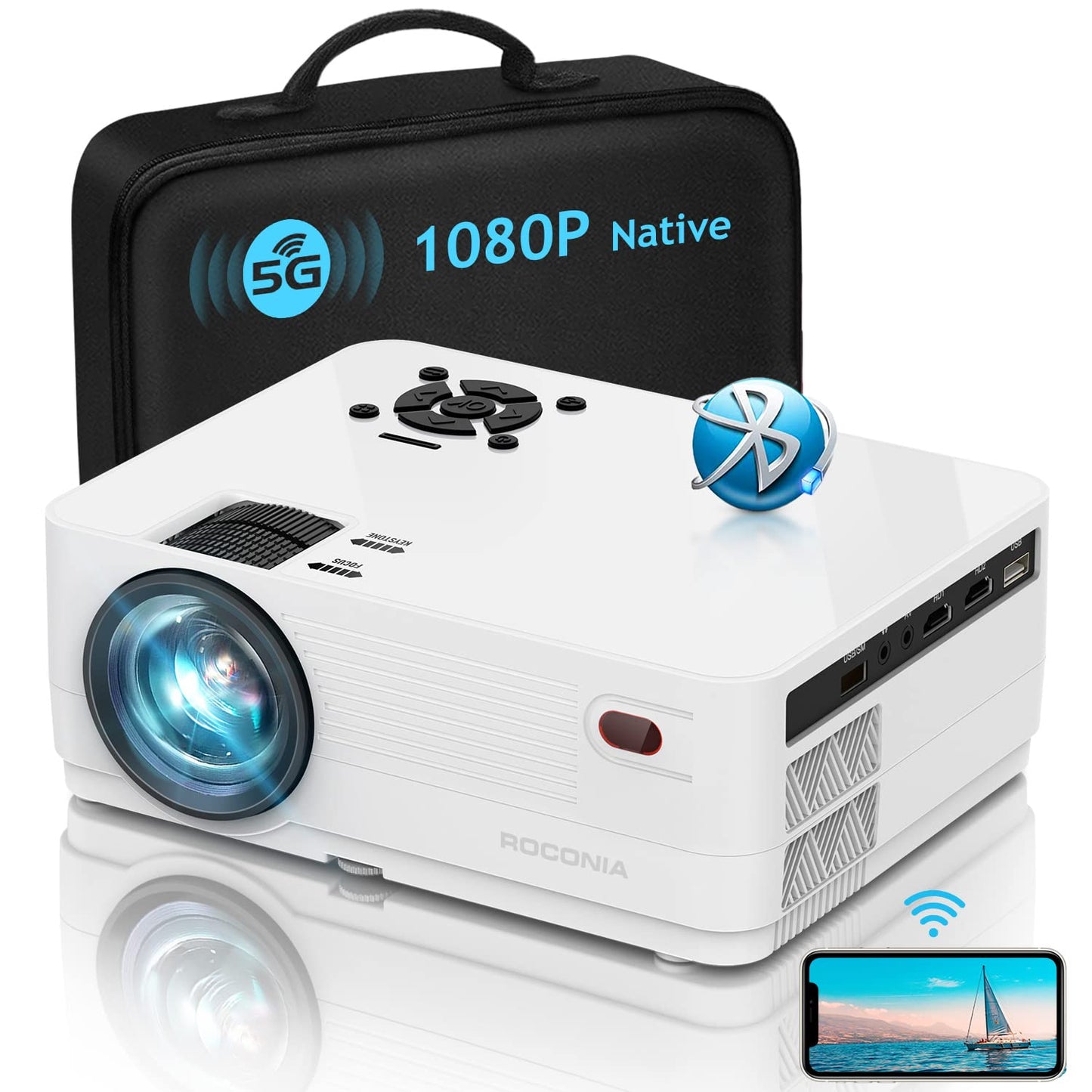 Roconia 5G Wifi Bluetooth Native 1080 Projector, 12000Lm Full Hd Updated Movie Projector, 300  Display Support 4K Home Theater,C