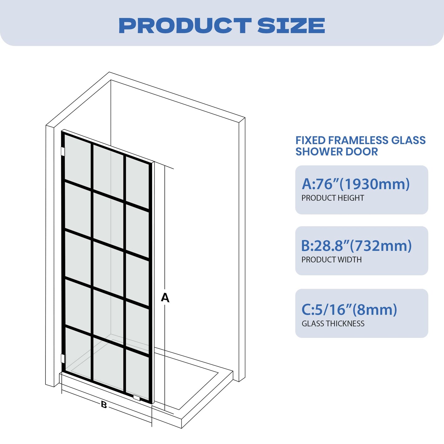 Bathroom Shower Door 28.8" W x 76" H, Framed Fixed 5/16" (8mm) Thick Clear Tempered Glass Door Panel, Matte Black Silk-Print Grid