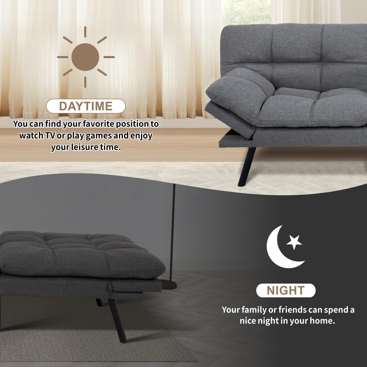 Opoiar 71" Convertible Futon Sofa Bed & Sleeper Couch - Memory Foam Loveseat Sofa with Adjustable Backrest/Armrest for Small Space, Apartment, Living Room - Medium Grey