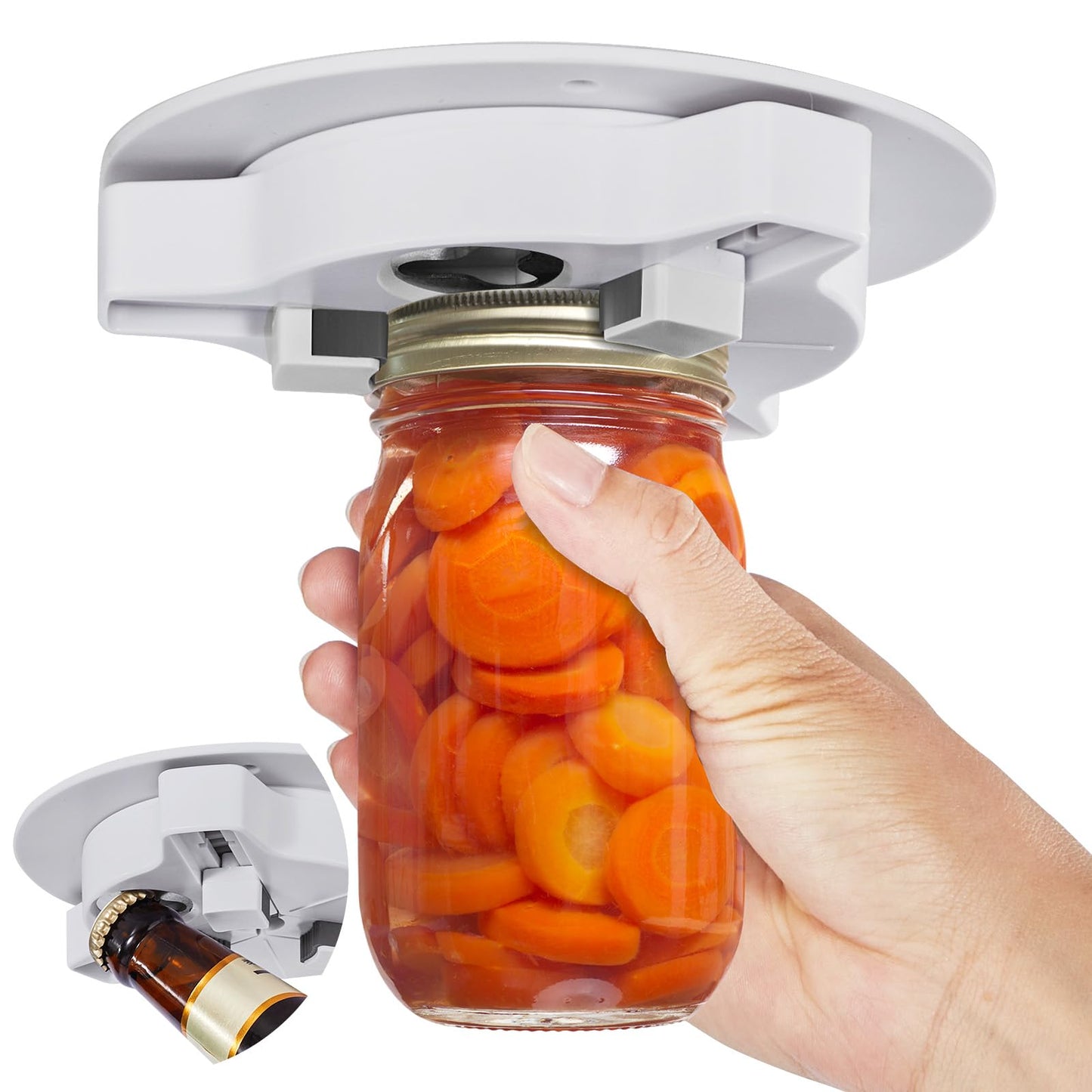 Banyaa Jar Opener Bottle Opener for Seniors with Arthritis - Under Cabinet Jar Opener for Weak Hands, Rotary Lid Opener, Easy Twist-Off Lids for Jars & Bottles, Original Kitchen Gadgets (White)