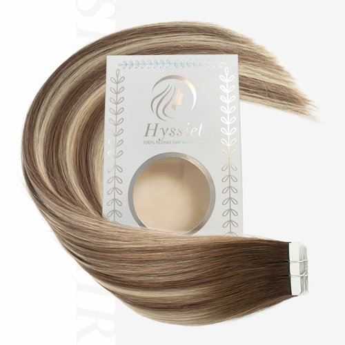 Hyssiet Tape in Hair Extensions Human Hair, 20pcs 50g 18 Inch Tape in Hair Extensions, Balayage Walnut Brown To Ash Brown Mix Light Blonde,Invisible Remy Silky Straight Real Natural Thick Human Hair