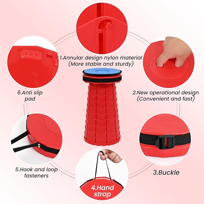 FXKS 2 Pack Upgraded Collapsible Stool Folding Stool with Cushion,Retractable Folding Stool Max Load Capacity 400lbs, Portable Telescoping Stools for Camping Hiking Outdoor BBQ -Red