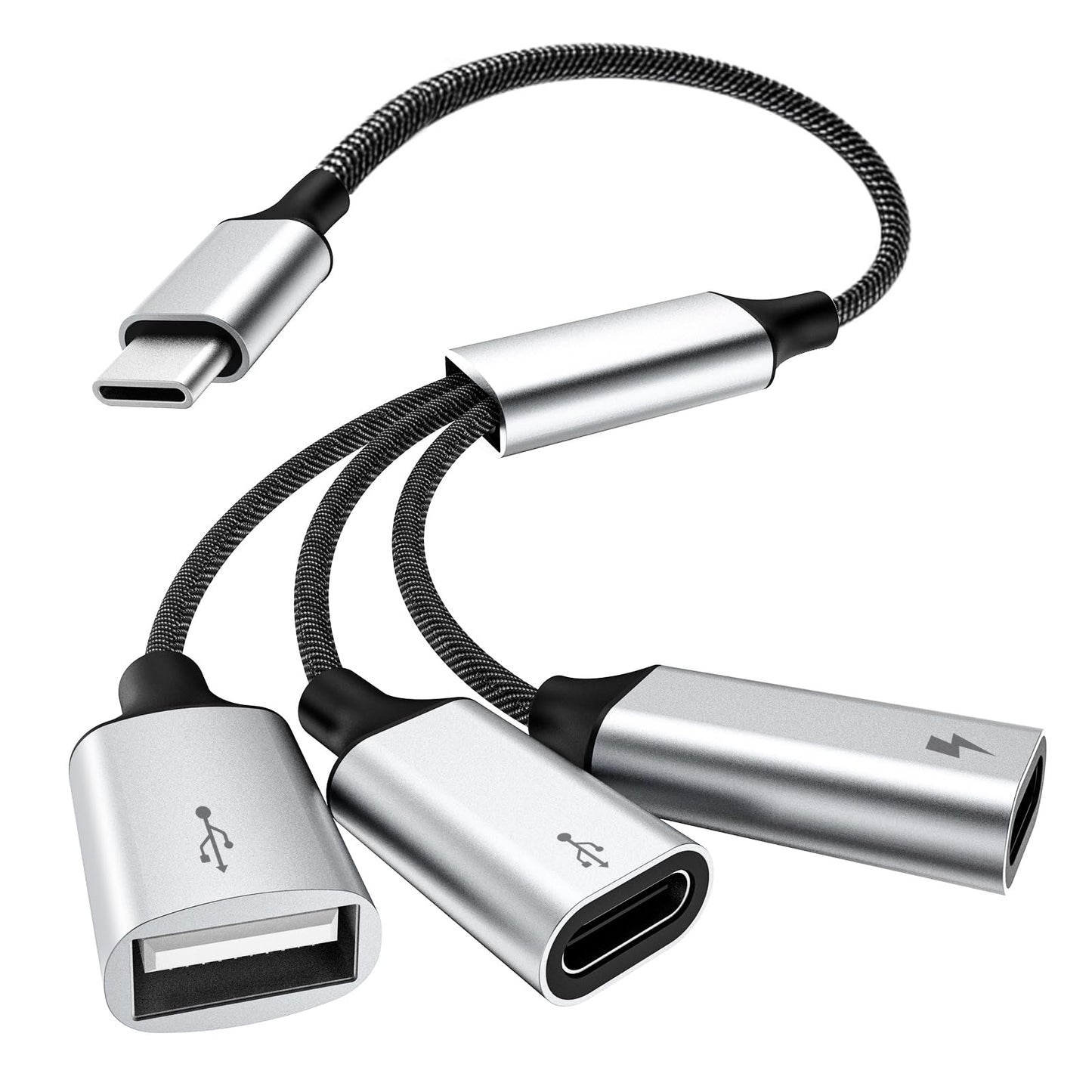 Timovo Usb C Splitter Adapter Y Cable, Type C Male To 2 Usb-C Female & 1 Usb-A Female Ports Converter, Data Transfer And Chargin