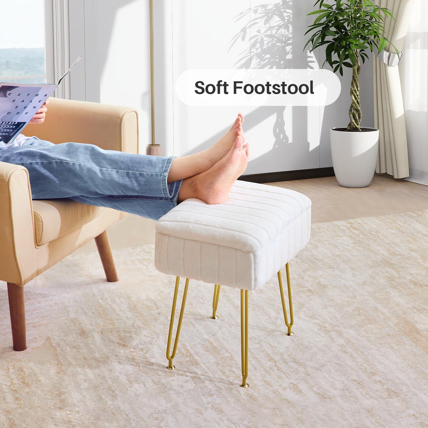 Redlife Vanity Stool with Storage, Vanity Stool Chair, Faux Fur Vanity Chair with Gold Metal Leg, Footrest Footstool Ottoman, Multifunctional Makeup Vanity Chair for Vanity Makeup Room Bedroom(White)