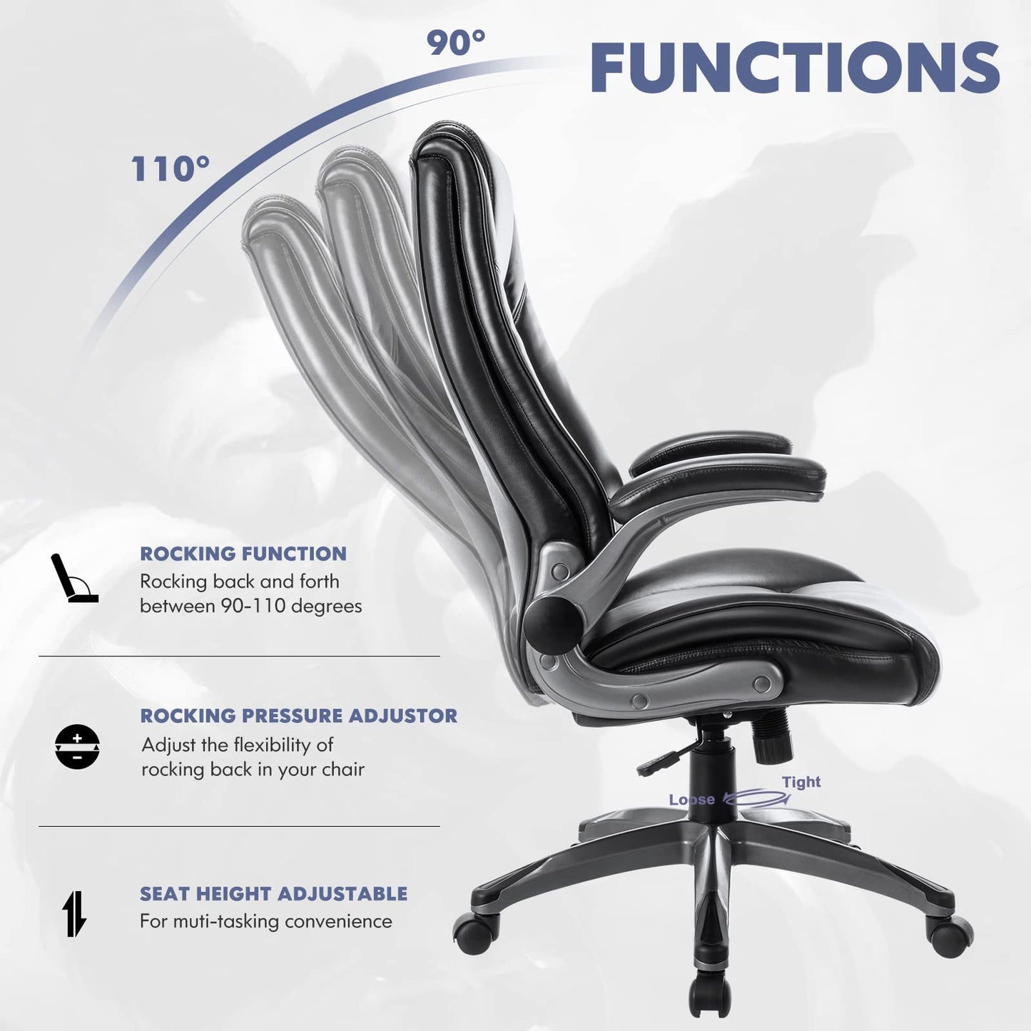 COLAMY Leather Executive Office Chair - High Back Ergonomic Home Computer Desk Chair with Padded Flip-up Arms, Adjustable Tilt Lock, Swivel Rolling Chair for Adult Working Study, Black