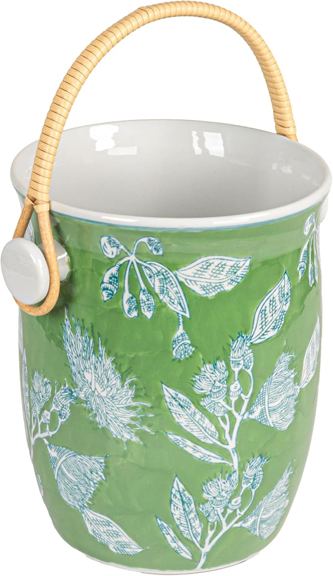 Creative Co-Op Green Ceramic Wine Cooler with Bamboo Handles