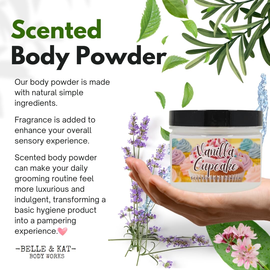 Body Powder for Men & Women Scented Vanilla Cupcake, Bath Perfume Dusting Powder with Fragrance & Essential Oils, Talc Free 8oz Container, Made in USA