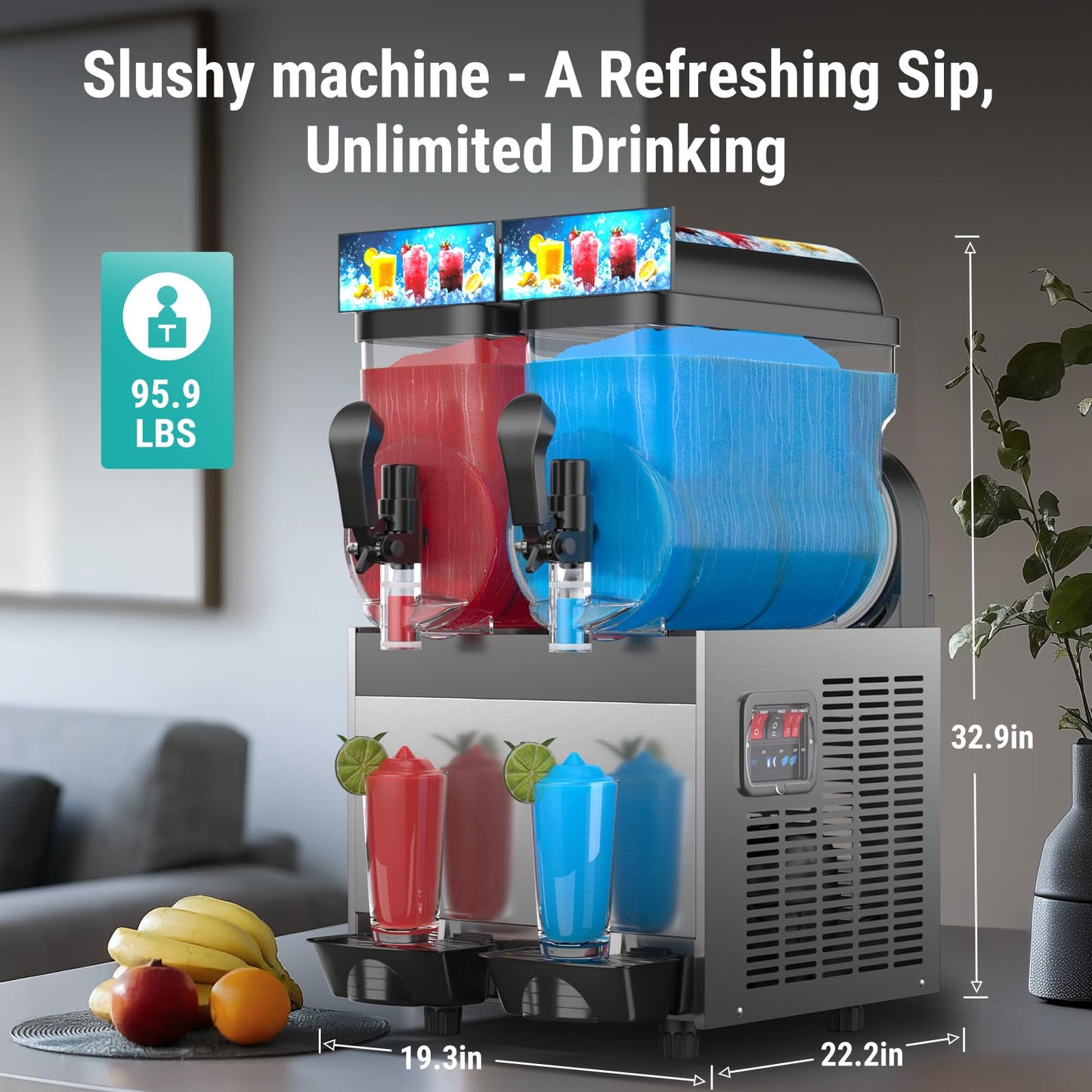 Mirfee 30 L Commercial Slushy Machine with LED Light, 15-45 Minutes to Make，15L×2 Tanks Commercial Frozen Drink Machine, 110V Margarita Slushie Maker, for Wine Cocktails, Daiquiri Juice