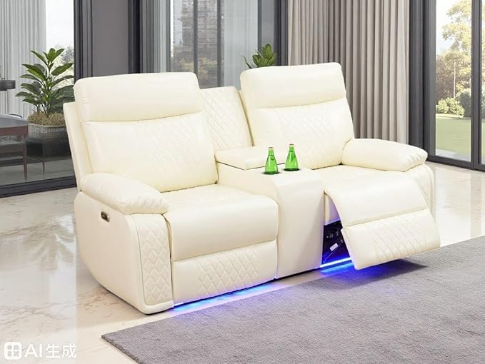 Toseslo Power Recliner Loveseat Set, Living Room Furniture Sets, Leather Reclining Sofa Sectional Couch, 2 Seater Reclining Couches, Reclining Sofa with Storage Console for House, Vanilla White