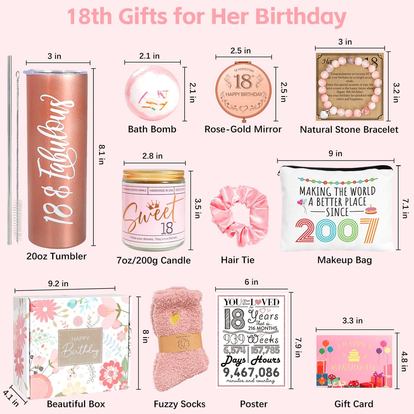 18th Birthday Gifts for Girls, 2007 Birthday Gifts for 18 Year Old Girl, 10 Pieces Unique 18th Bday Gift Ideas for Daughter, Niece, Granddaughter, Cool 18 & Fabulous Gift