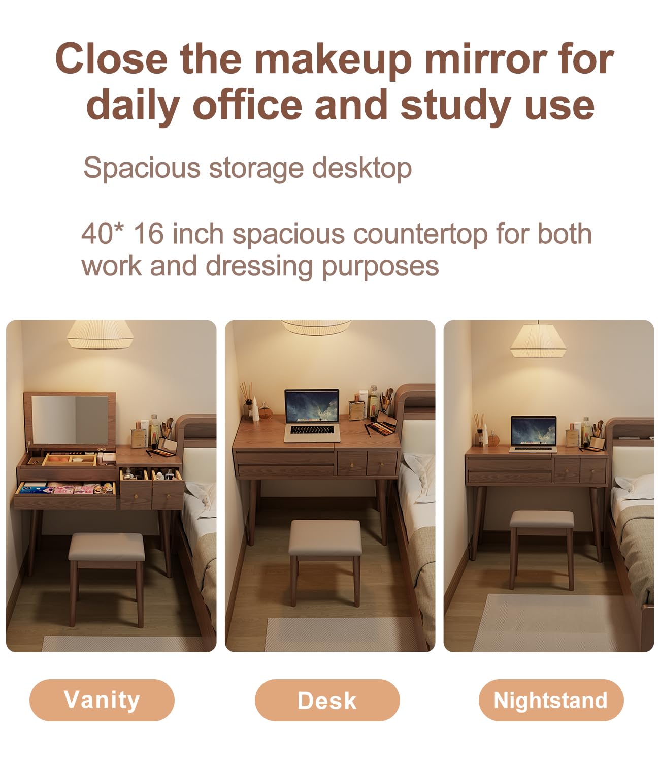 KungFuWood Wood Vanity Desk with Mirror and Lights, Dressing Vanity Table Vanity Set 4 Drawers, 40 Inch Large Make Up Vanity Table Wooden with 3 Lighting Modes Log Color (with Adapter)