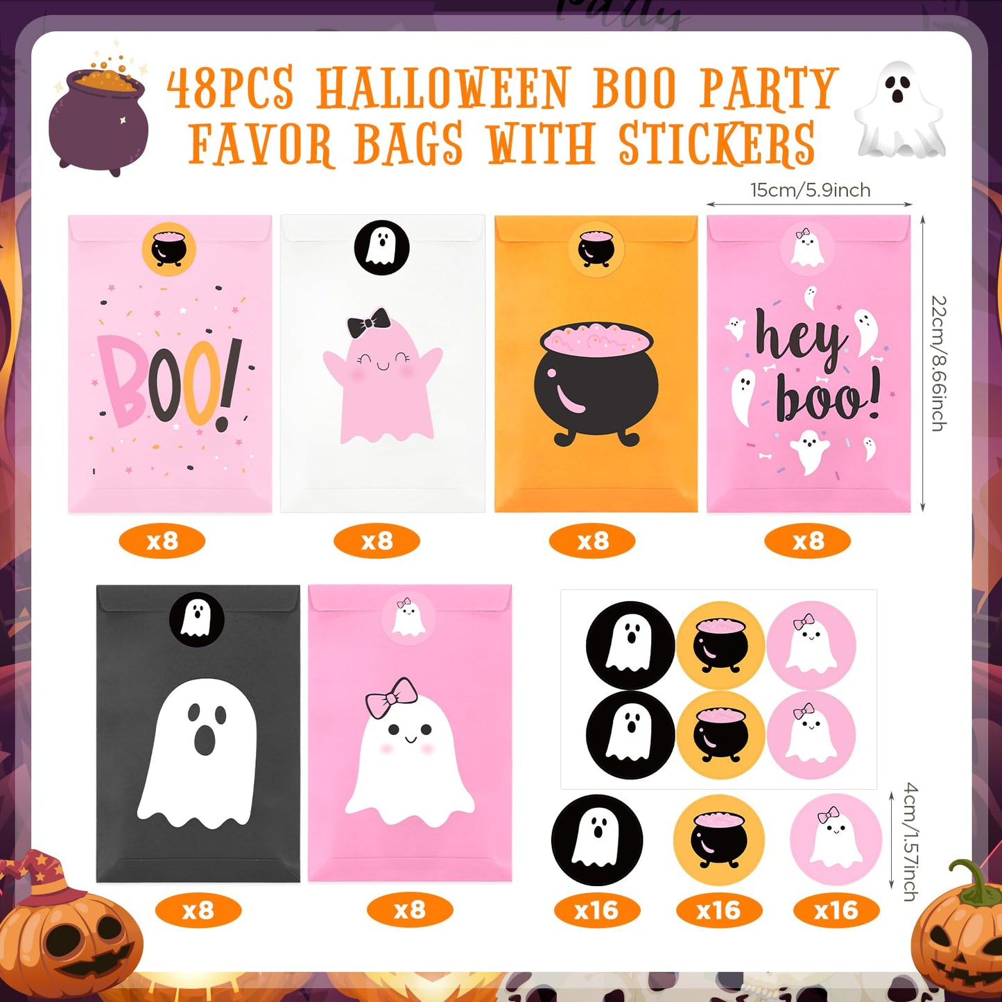 FHzytg 48Pcs Halloween Boo Party Favor Bags, Pink Halloween Ghost Candy Gift Bags for Girl Spooky Birthday Decorations Boo Baby Shower Happy Boo Day Decorations