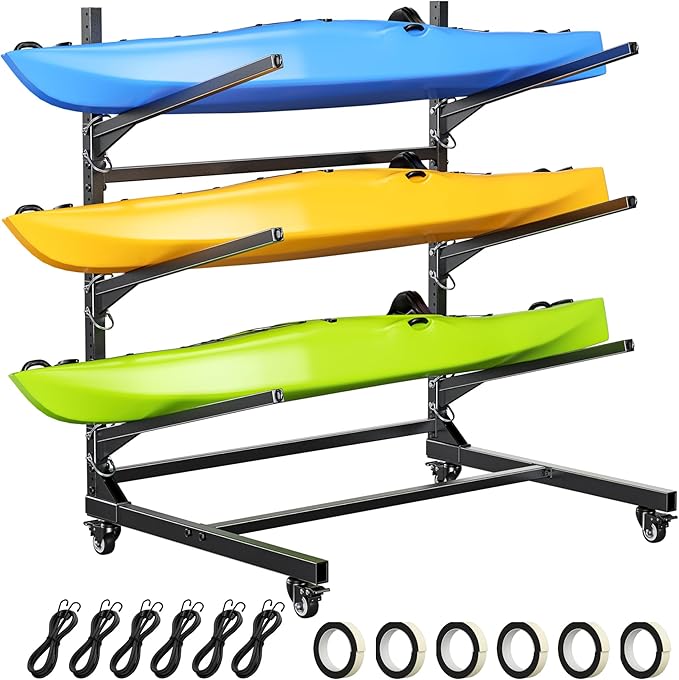 POKIPO Kayak Storage Rack,Heavy Duty Kayak Stand with Wheels 3 Layer Freestanding Wall Mount Rack Adjustable Kayak Rack fo...