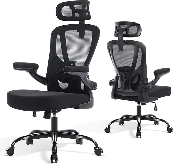 shipborne Office Chair Ergonomic Office Chair with Lumbar Support, Head Support, Rocking Function, FILP-up Armrests, Mesh High Back Chair Home Office Desk Chair, Suitable for Home, Office, Black