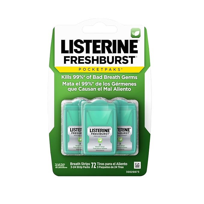 Listerine Freshburst Pocketpaks Portable Breath Strips, Dissolving Breath Freshener Strips Kill 99% of Germs That Cause Bad Breath, Portable for On-The-Go, Minty Flavor, 3 x 24-Strips