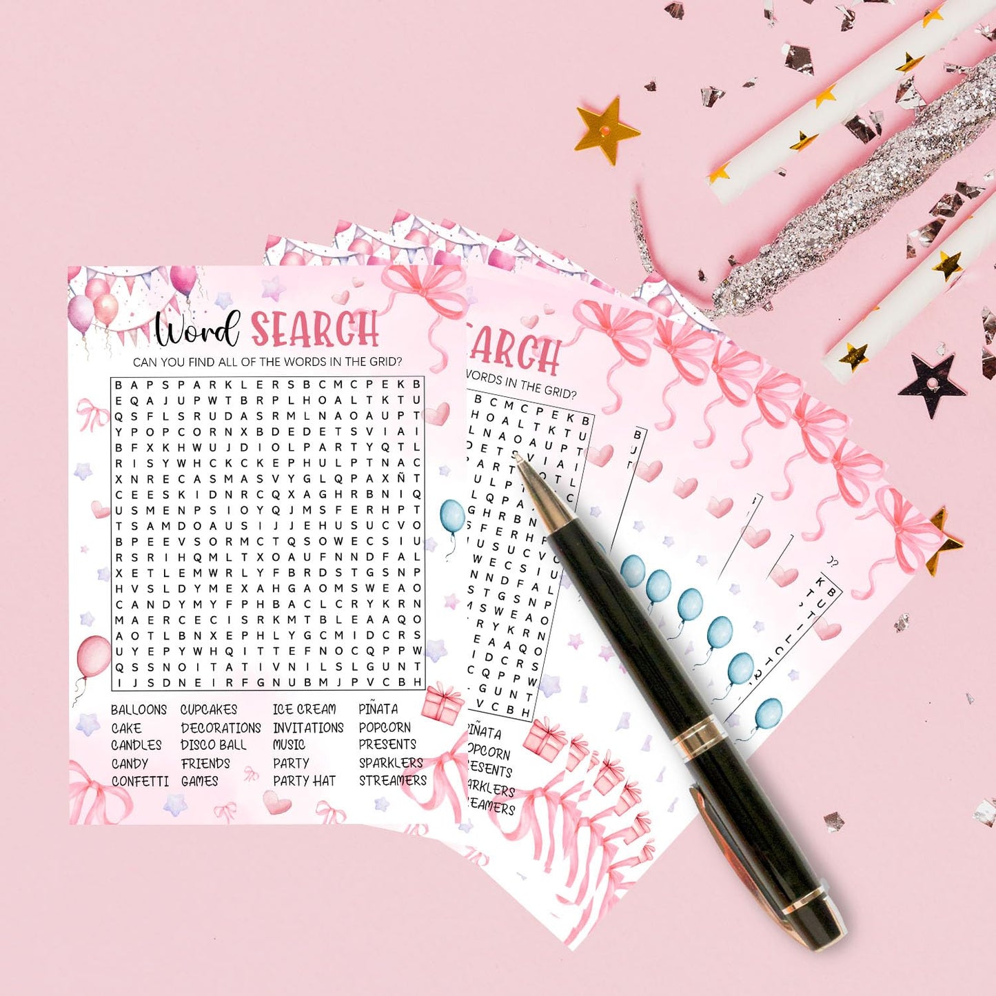 Coquette Pink Bow Themed Sleepover Slumber Party Supplies- Pink Slumber Party Games Card - Sleepover Stuff- Birthday Night Games Creative Idea -Word Search- 20 Game Cards and 2 Answer Key