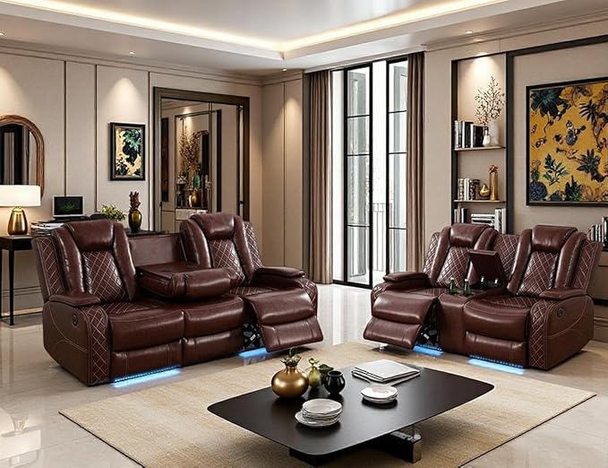Toseslo Living Room Furniture Sets with LED Light, Power Recliner Sofa Set, Brown Leather Sectional Sofa and Loveseat Set, Modern Power Reclining Sets with Storage Console/Cup Holder for Living Room