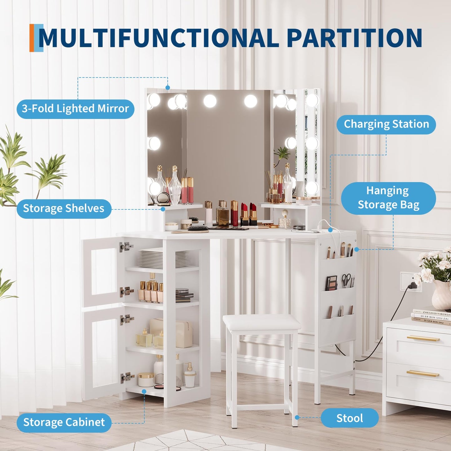 Corner Vanity Desk with Mirror and Lights, Makeup Vanity Table with Charging Station & Storage Cabinet & 3-Fold Mirror（3 Light Settings）, Dressing Table for Bedroom, White
