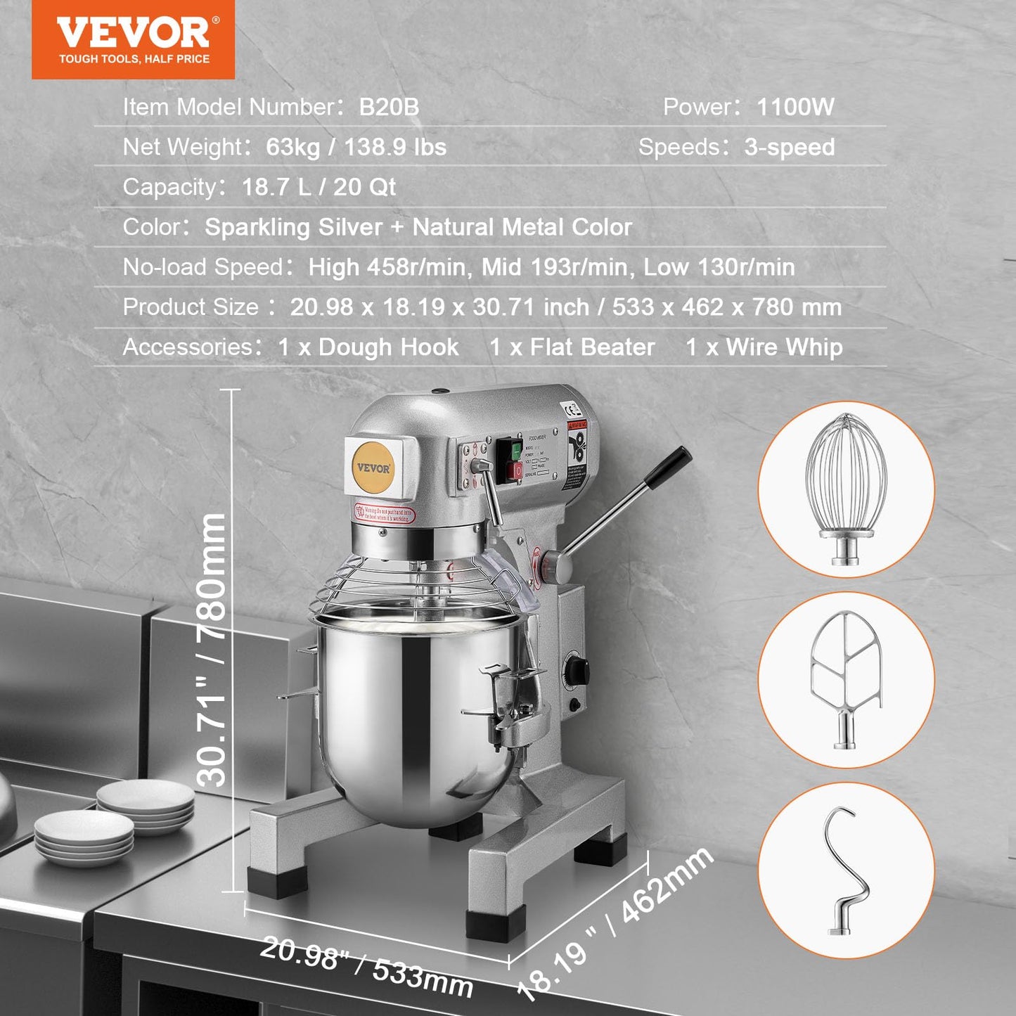 VEVOR Commercial Food Mixer 20Qt, Commercial Mixer with 3 Adjustable Speeds, 1100W Dough Mixer,Commercial Stand Mixer with Stainless Steel Bowl