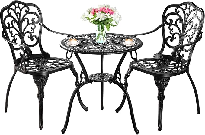 Withniture Bistro Set 3 Piece Outdoor, Cast Aluminum Patio Bistro Sets, Bistro Table and Chairs Set with Umbrella Hole, Black Bistro Table Set for Garden Porch Balcony (Butterfly Black)