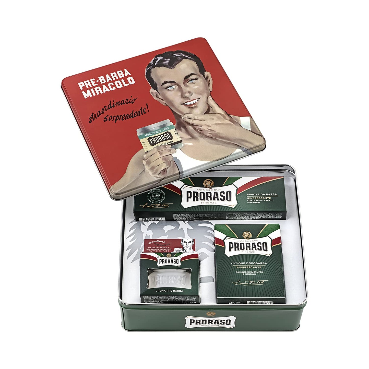 Proraso Shaving Kit for Men | Refreshing and Toning Pre-Shave Cream, Shaving Cream Tube and After Shave Balm in Vintage Gino Tin