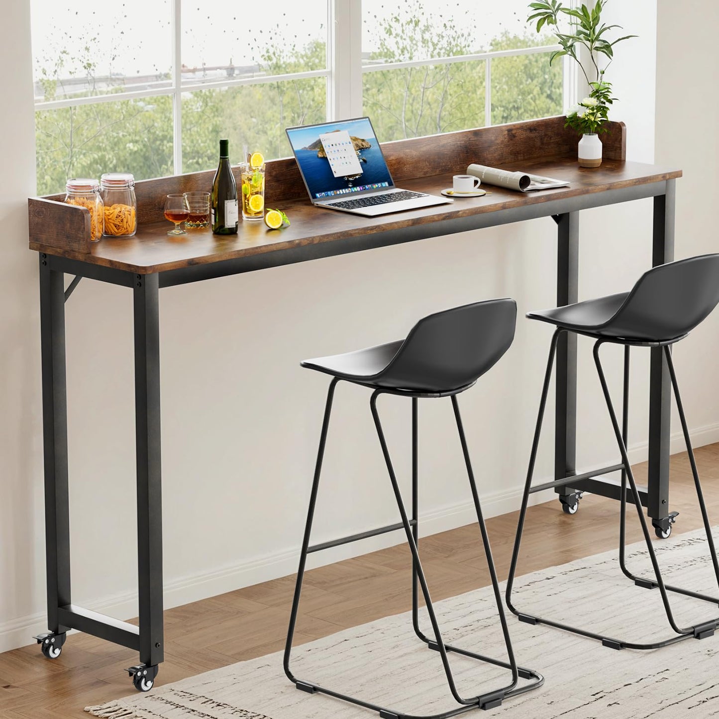 Clevich Overbed Table with Wheels, Queen Full Size Mobile Computer Desk, Standing Laptop Cart, Over Bed Table with Heavy Duty Metal Leg, for Bedroom 16" D x 71" W x 41" H (Brown)
