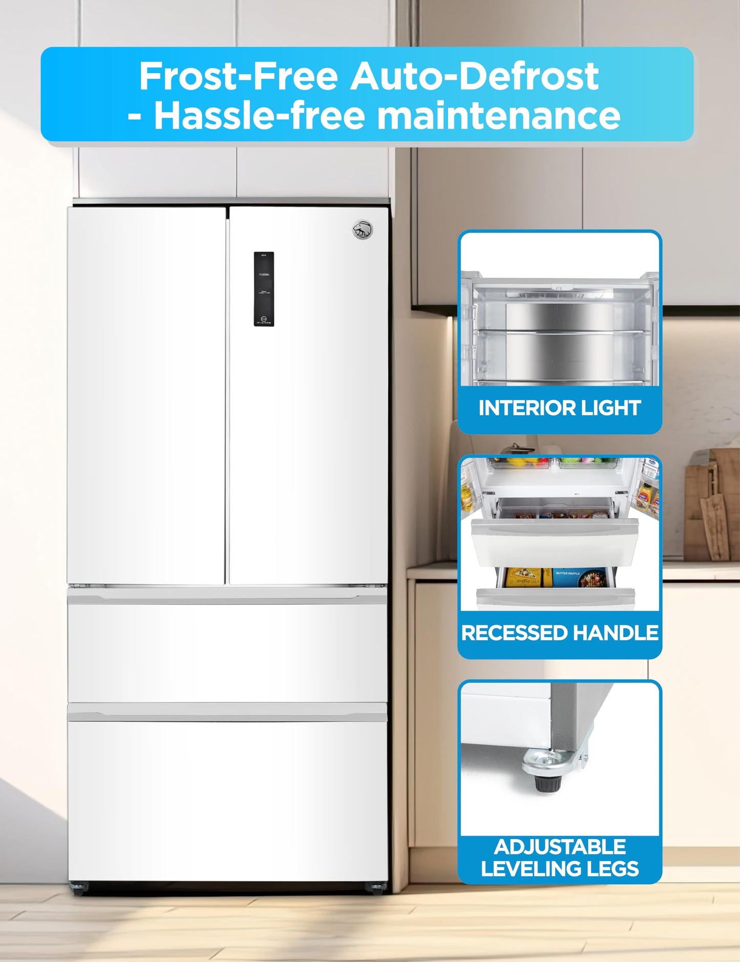 Commercial Cool 18.9 Cu. Ft. French Door Refrigerator, 33 Inch Wide Refrigerator with 2 Bottom Mount Freezer Drawers, Frost Free, LED Lighting, Digital Temperature Control, CCRF1890KW, White