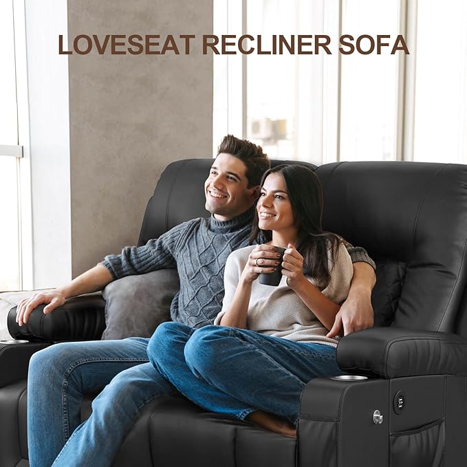 FURNIMAT Loveseat Recliner Sofa, 2 Seater Reclining Loveseat Sofa, Modern PU Leather RV Loveseat Couch for Living Room/RV, with USB Ports, Cup Holders, Insert Pockets, Cell Phone Holders, Black