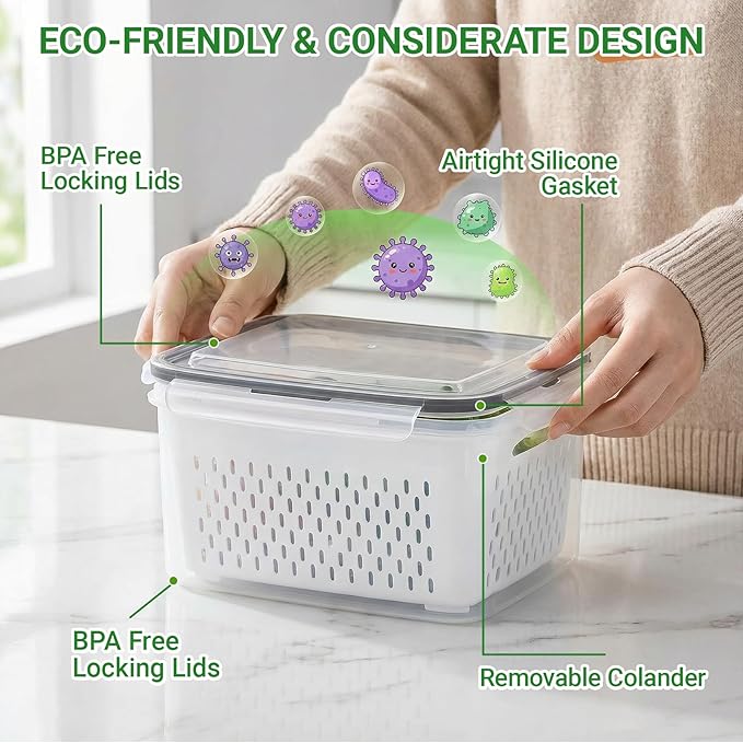 5PCS Fruit Storage Containers for Fridge, Leakproof Produce Containers for Fridge with Removable Colander, All-In-One Fruit Containers Stainers Berry, Fruits, Vegetables, Salad Keeper Local Stock