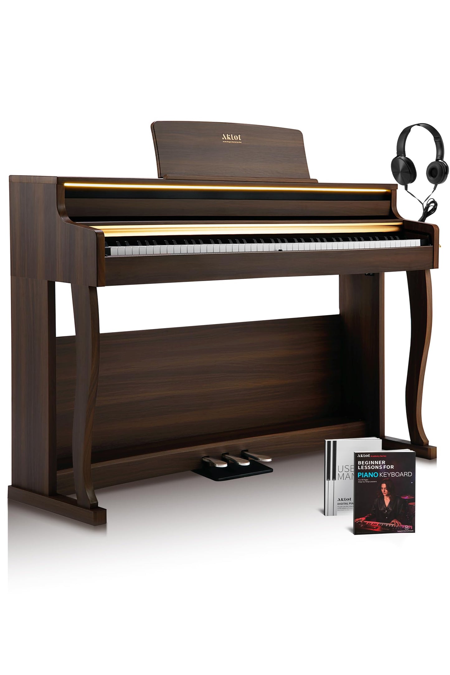 Aklot Upright Digital Piano Keyboard: 88-Key Graded Hammer Action Weighted Keyboard With Ambient Light, Triple Pedal, Usb-Midi,