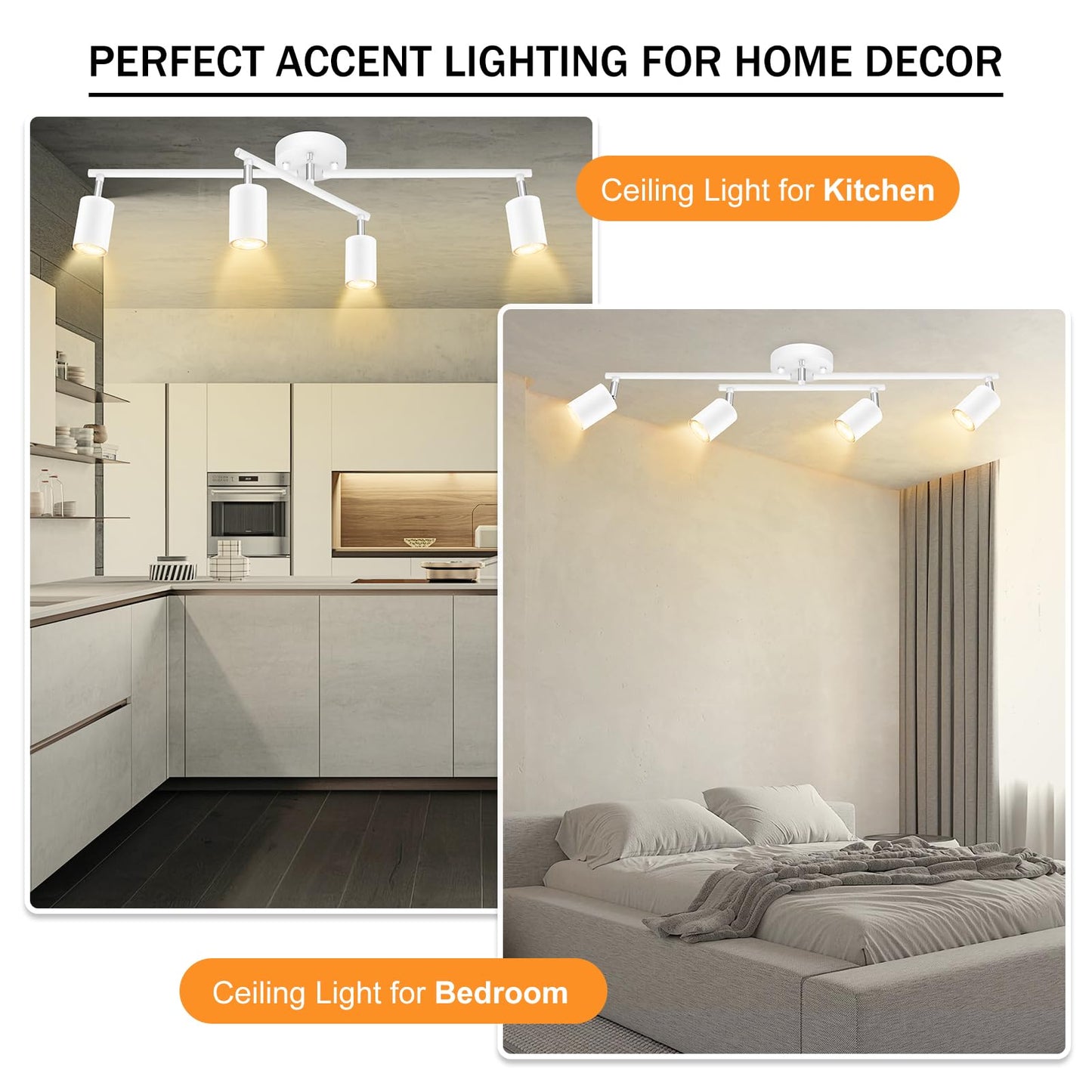 4 Light Track Lighting Kit Kitchen, White Track Lighting Fixtures Ceiling, 4 Way Modern Flexible Spot Track Lighting, Industrial LED Lights for Room Hallway Bedroom(GU10 Socket, Bulb Not Included)
