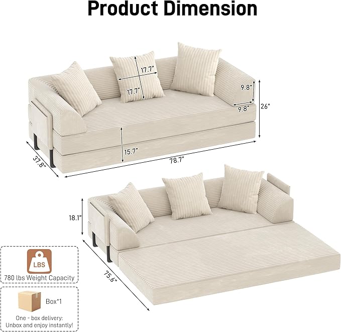 Folding Convertible Sofa Bed with 3 Pillows, 79 " Corduroy Boneless Couch with Armrest Pockets, Lounge Loveseat Sleeper with Pull Out Bed, Memory Foam Compressed Sofa for Living Room Bedroom, Beige
