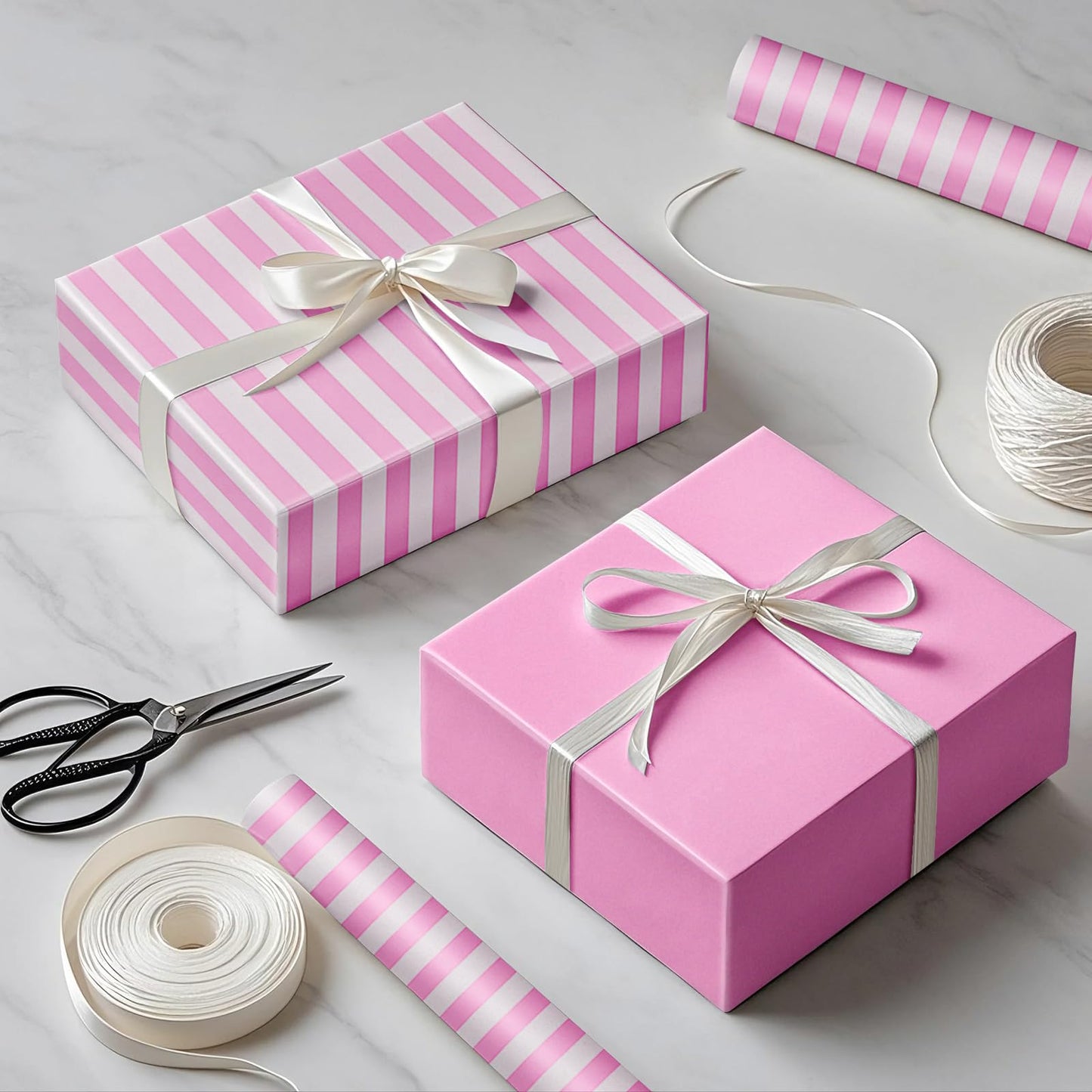 RUSPEPA Reversible Wrapping Paper Roll, for Girls Jumbo Roll, Pink White Stripe and Solid Pink Gift Wrap for Baby Shower, Birthday, Valentine's Day, Wedding, Bridal Shower, 30 Inches x 32.8 Feet