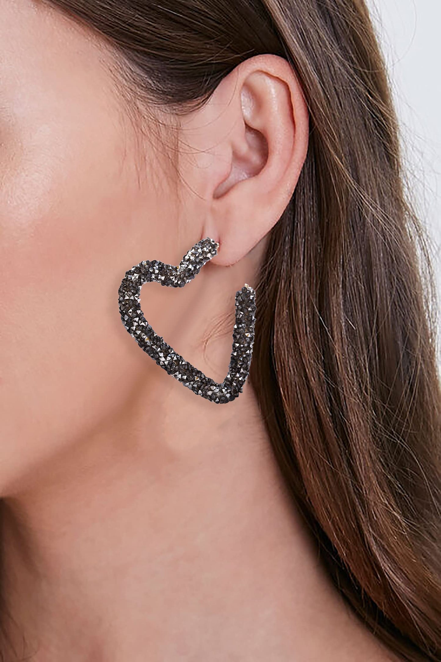 NLCAC Glitter Heart Hoop Earrings Bohemian Sparkle Resin Rhinestone Wrapped Hoop Dangle Earrings for Women Grey
