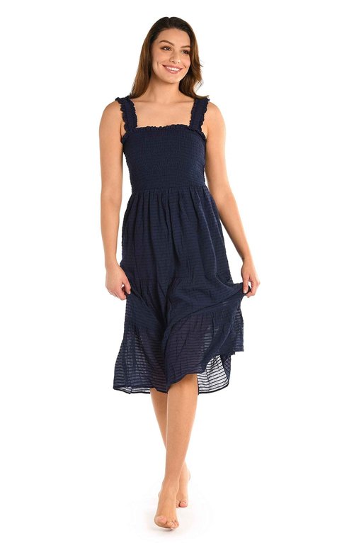 La Blanca Women's Midi Dress Swimsuit Cover Up, Indigo//Shadow Stripe, Large