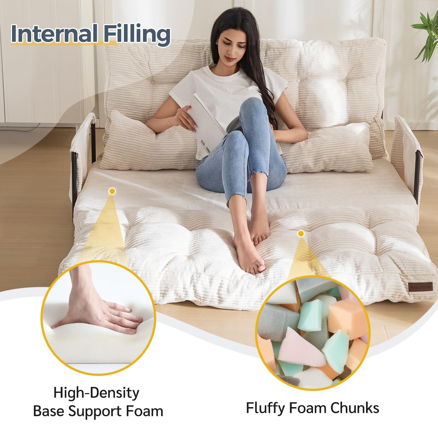 MAXYOYO Adjustable Floor Sofa Couch with 2 Pillows, Multi-Functional Bean Bag Bed, 5-Position Foldable Lazy Sofa Sleeper Bed with Armrest Versatile Floor Seating for Reading Gaming, Beige, Double